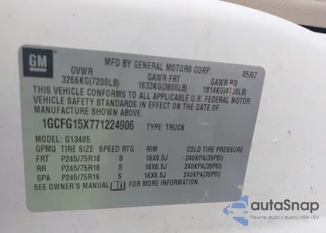 2007 Chevrolet Express Work Van z USA, uszkodzony, nr VIN 1GCFG15X771224906